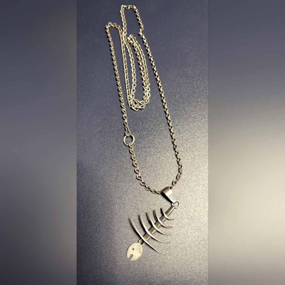 Sterling Silver Unisex Fish bone necklace 1960s marked Taxco Mexico 925 FC
